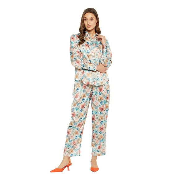 Gypsie Blu Women Satin Co-Ord Set Floral Printed Sleepwear Pajama Shirt for Girl - Picture 1 of 6